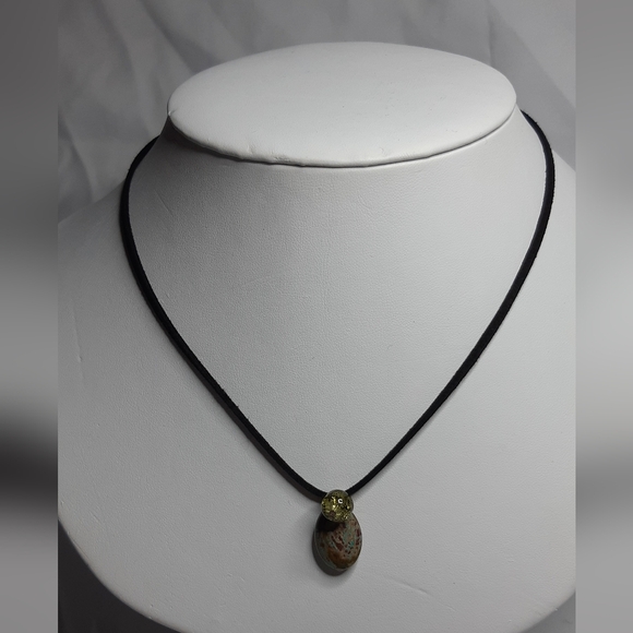 Chrysocolla and Green Glass Copper Wire Wrap Necklace - Picture 2 of 3